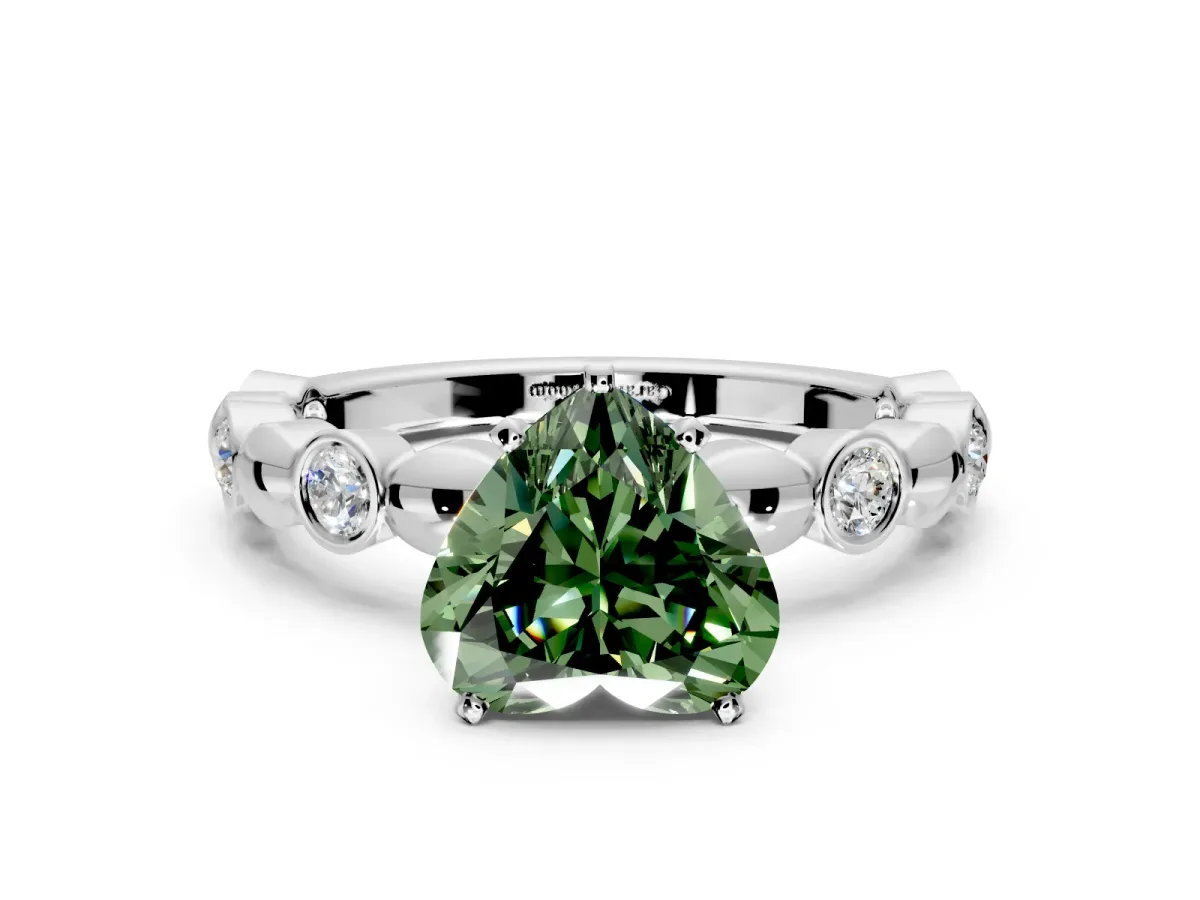 Solitaire Engagement Ring Setting for Fancy Green Heart-Shaped Center with Beaded Bezel Station Band and Prong Head in White Gold