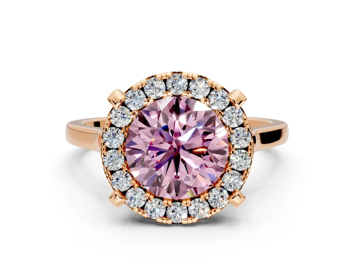 Single Halo Engagement Ring Setting for Fancy Pink Round Cut Center with Corner Claws, Plain Band and Prong Head in Rose Gold