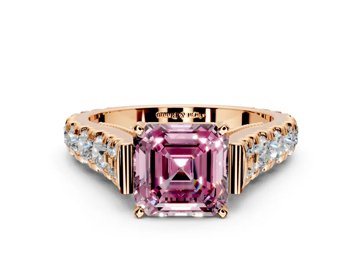 Solitaire Engagement Ring Setting for Fancy Pink Asscher Cut Center with Pave Cathedral Shoulders and Prong Head in Rose Gold
