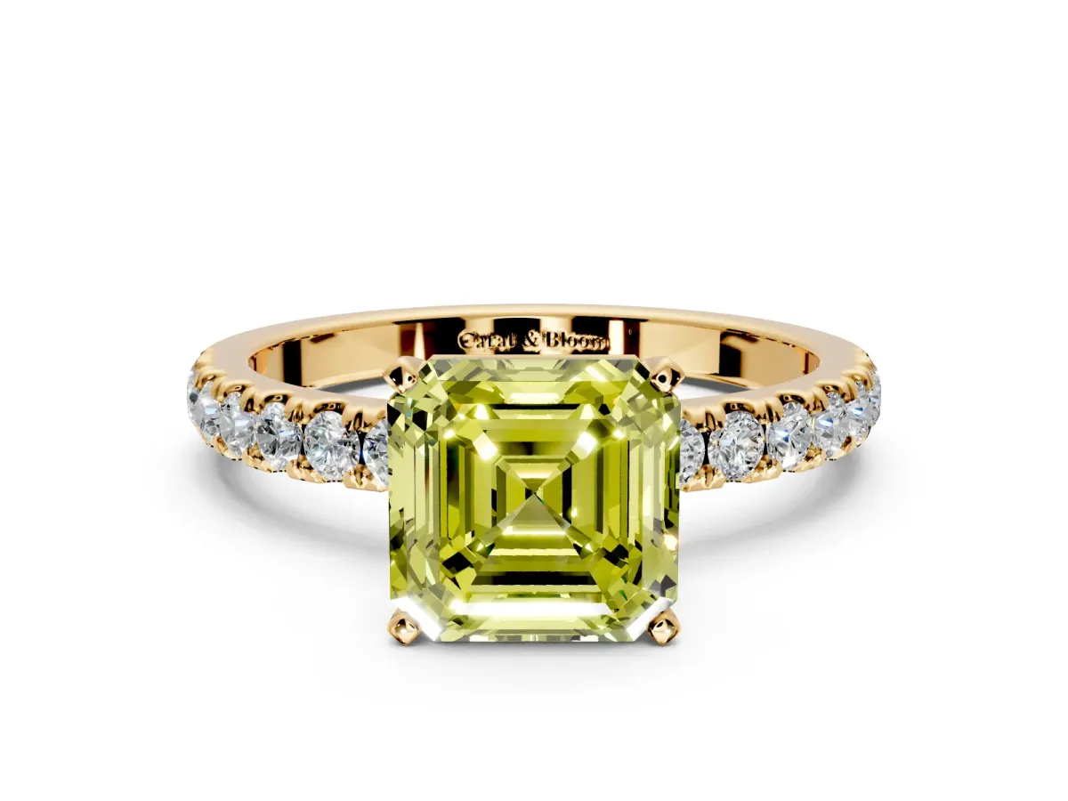 Open Basket Engagement Ring Setting for Fancy Yellow Asscher Cut Center with Pave Band and Prong Head in Yellow Gold