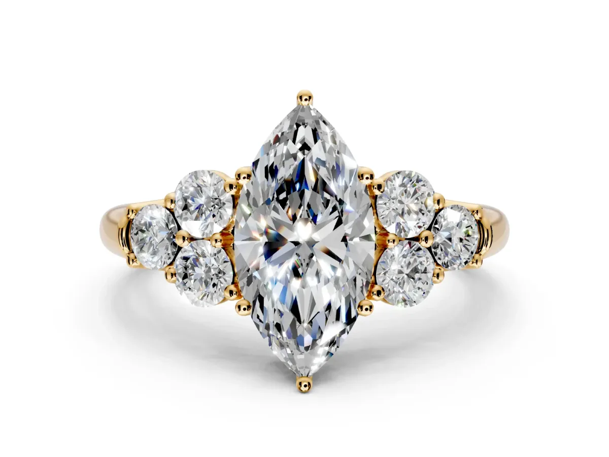 Cluster Engagement Ring Setting for Marquise Center with Round Cut Accent Frame and Prong Head in Yellow Gold