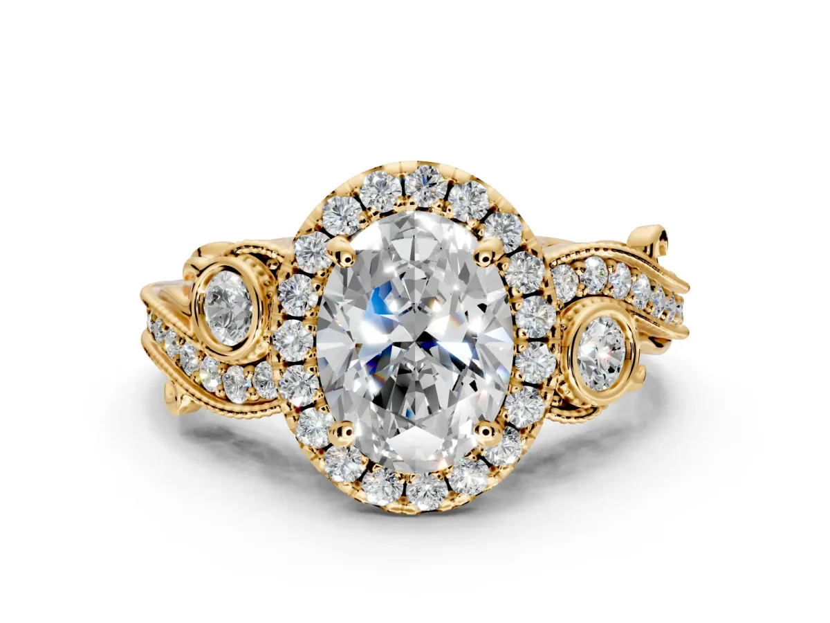 Milgrain Halo Engagement Ring Setting for Oval Center with Shoulder Bezels and Prong Head in Yellow Gold