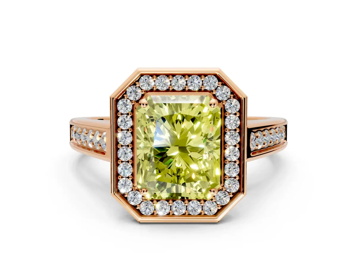 Halo Engagement Ring Setting for Fancy Yellow Radiant Cut Center with Outer Bezel Rim, Pave Band and Prong Head in Rose Gold
