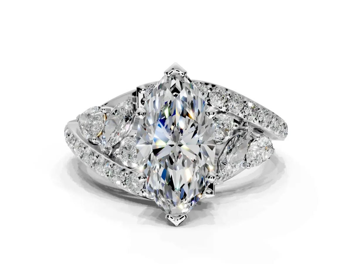 Halo Engagement Ring Setting for Marquise Center with Marquise and Pave Bypass Band and Prong Head in Sterling Silver