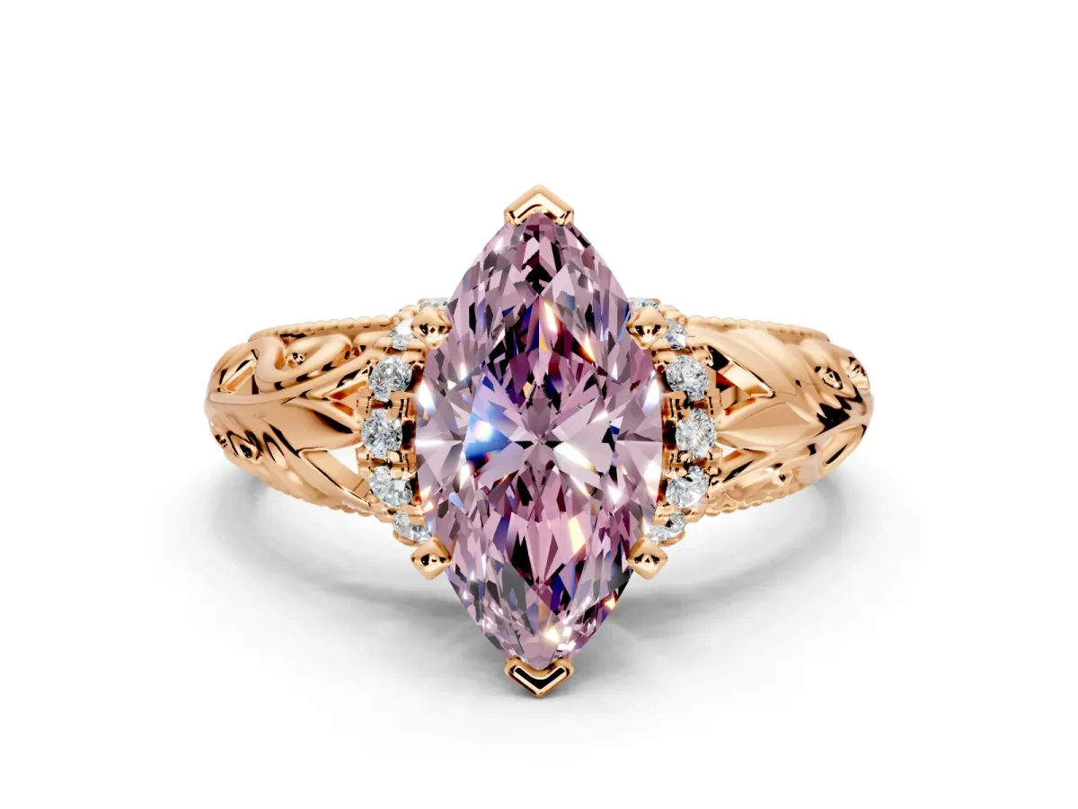 Solitaire Engagement Ring Setting for Fancy Pink Marquise Center with Filigree Accent Basket and Prong Head in Rose Gold