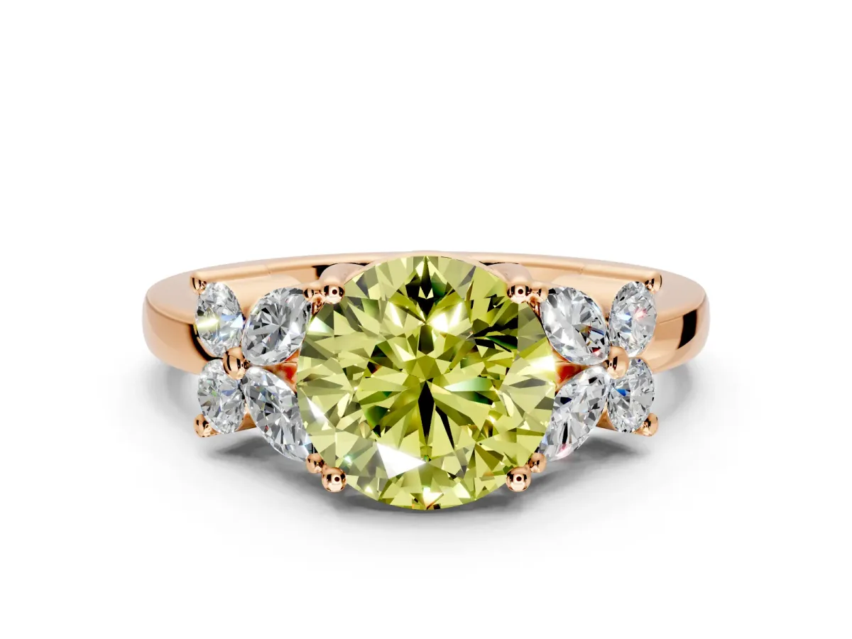 Floral Engagement Ring Setting for Fancy Yellow Round Cut Center with Marquise Cluster Shoulders and Prong Head in Rose Gold