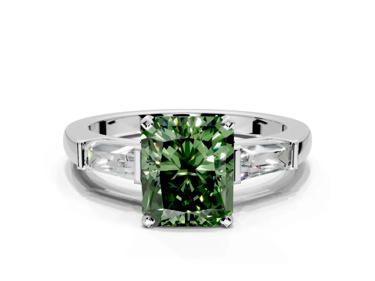 3 Stone Engagement Ring Setting for Fancy Green Radiant Cut Center with Tapered Baguettes, Plain Band and Prong Head in Sterling Silver