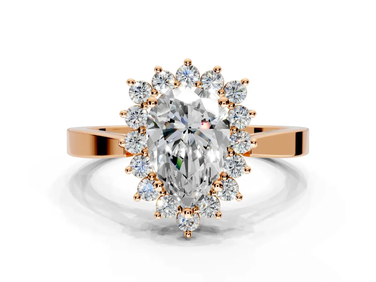 Starburst Halo Engagement Ring Setting for Pear-Shaped Center with Flat Cathedral Band and Prong Head in Rose Gold