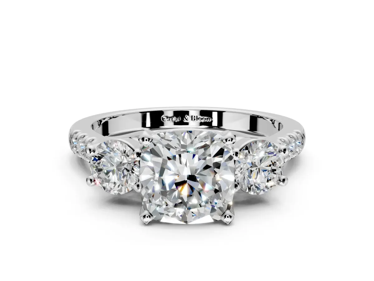 3 Stone Engagement Ring Setting for Cushion Cut Center with Crossover Basket, Pave Band and Prong Head in White Gold