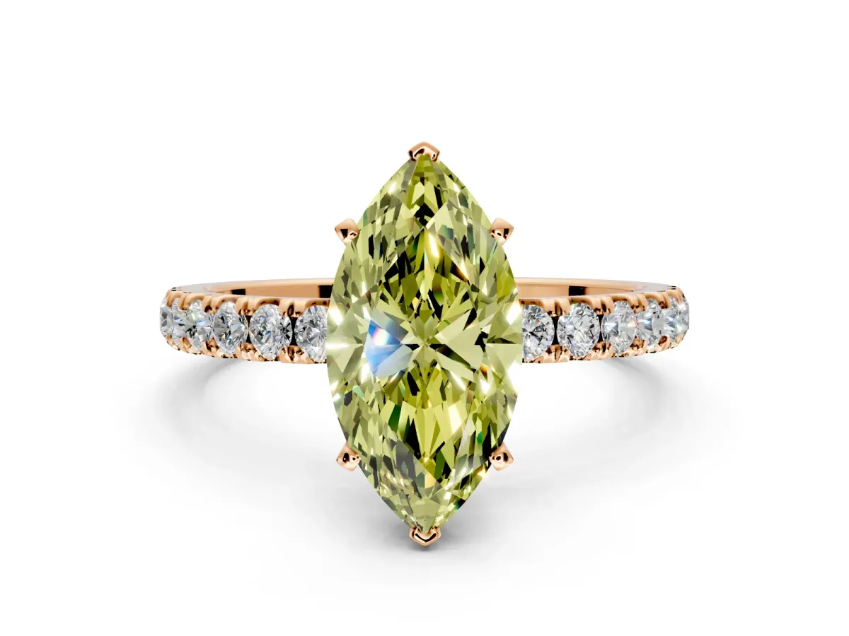 Open Basket Engagement Ring Setting for Fancy Yellow Marquise Center with Pave Band and Prong Head in Rose Gold