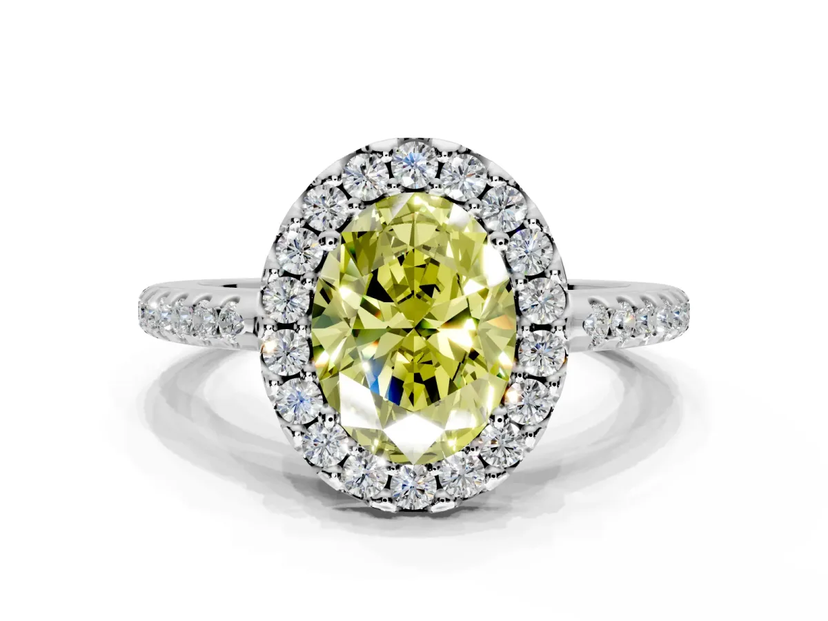 Pave Halo Engagement Ring Setting for Fancy Yellow Oval Center with Single Row Pave Band and Prong Head in Platinum