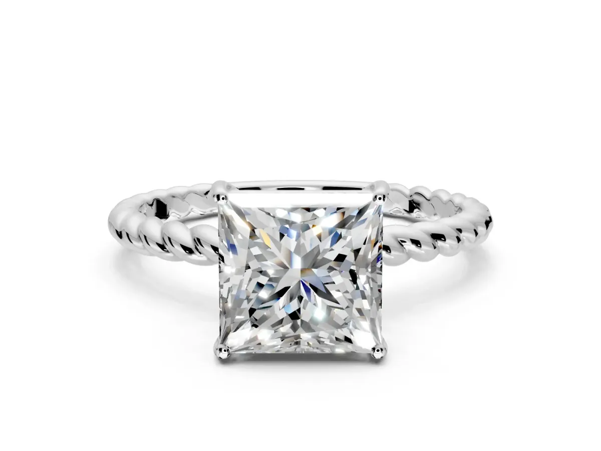Solitaire Engagement Ring Setting for Princess Cut Center with Plain Twisted Rope Band and Prong Head in Sterling Silver
