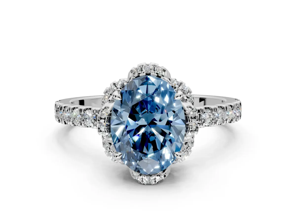Halo Engagement Ring Setting for Fancy Blue Oval Center with Openwork Halo, Pave Band and Prong Head in Sterling Silver