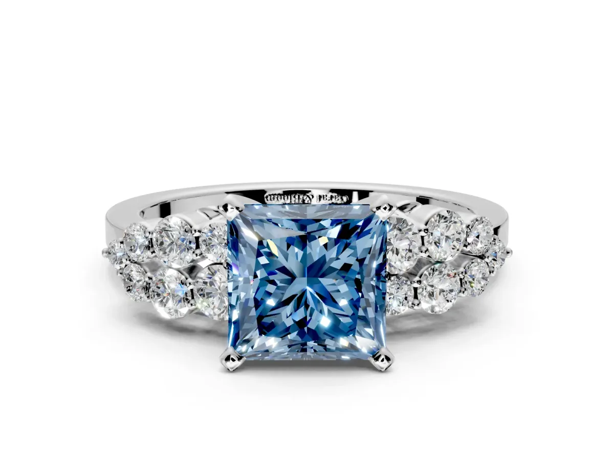 Cluster Engagement Ring Setting for Fancy Blue Princess Cut Center with 2-Row Shoulder Clusters and Prong Head in Platinum