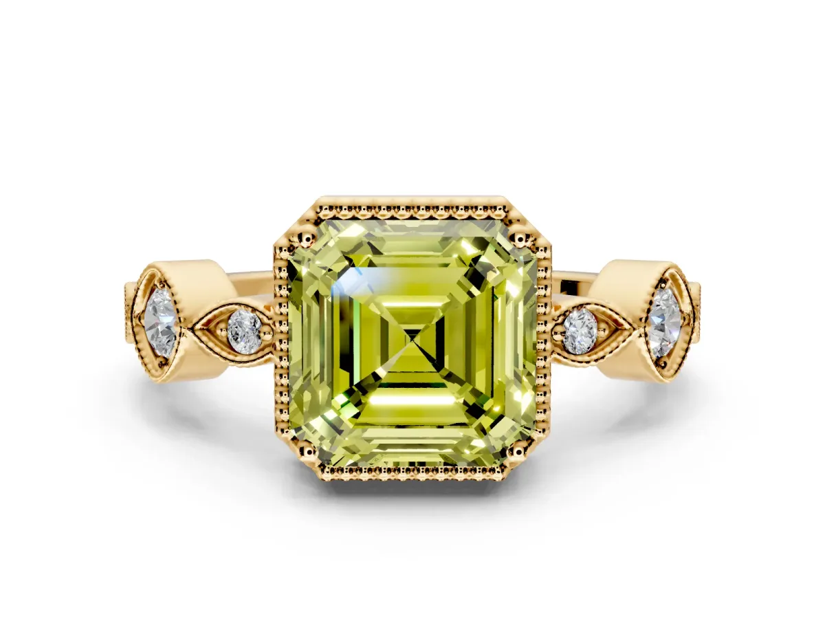 Vintage Station Engagement Ring Setting for Fancy Yellow Asscher Cut Center with Accents and Prong Head in Yellow Gold