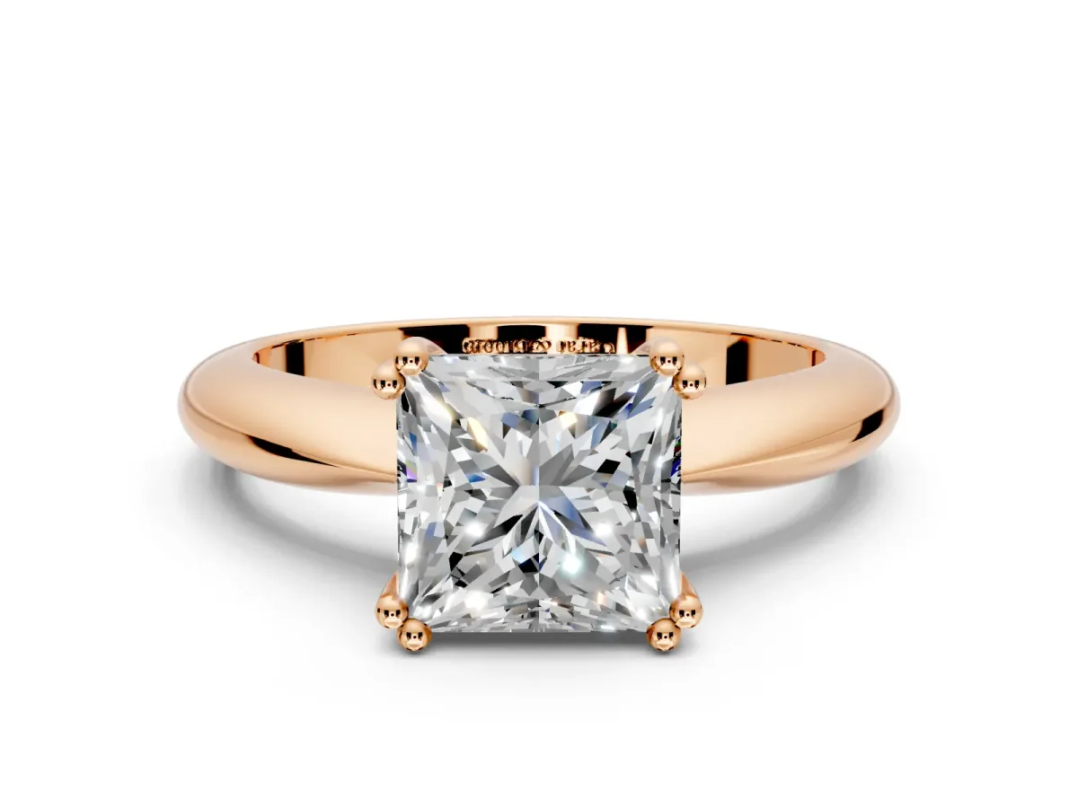 Solitaire Engagement Ring Setting for Princess Cut Center with Reverse Tapered Band and Prong Head in Rose Gold