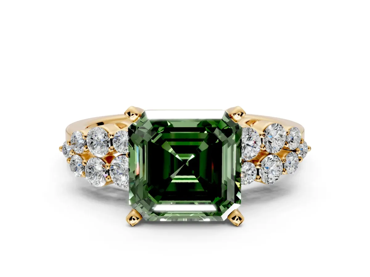 Cluster Engagement Ring Setting for Fancy Green Asscher Cut Center with 2-Row Shoulder Clusters and Prong Head in Yellow Gold