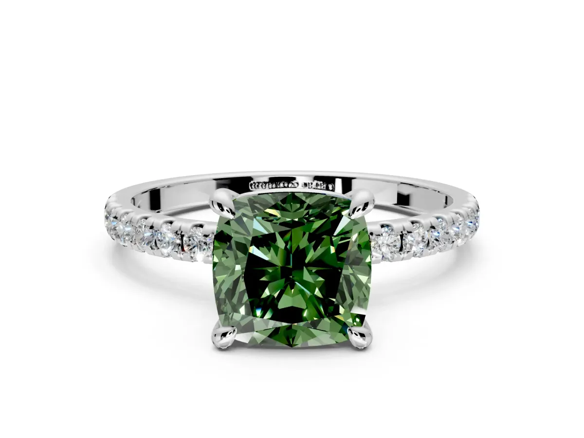 Solitaire Engagement Ring Setting for Fancy Green Cushion Cut Center with Fine Pave Narrow Band and Prong Head in Sterling Silver