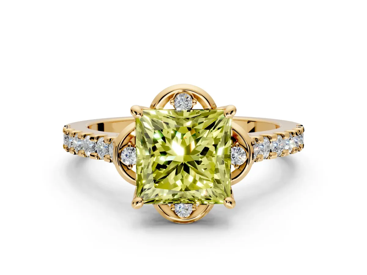 Floral Engagement Ring Setting for Fancy Yellow Princess Cut Center with Pave Band and Floral Prong Head in Yellow Gold