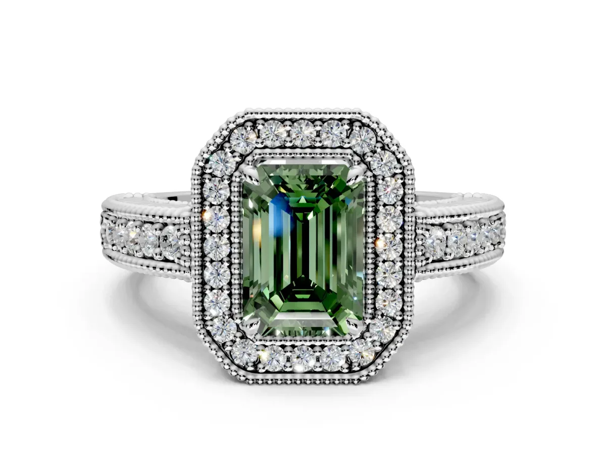 Milgrain Halo Engagement Ring Setting for Fancy Green Emerald Cut Center with Pave Band and Prong Head in White Gold