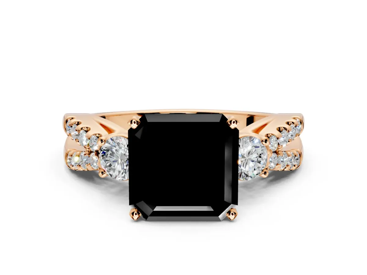 3 Stone Engagement Ring Setting for Fancy Black Asscher Cut Center with Pave Split Shank and Prong Head in Rose Gold