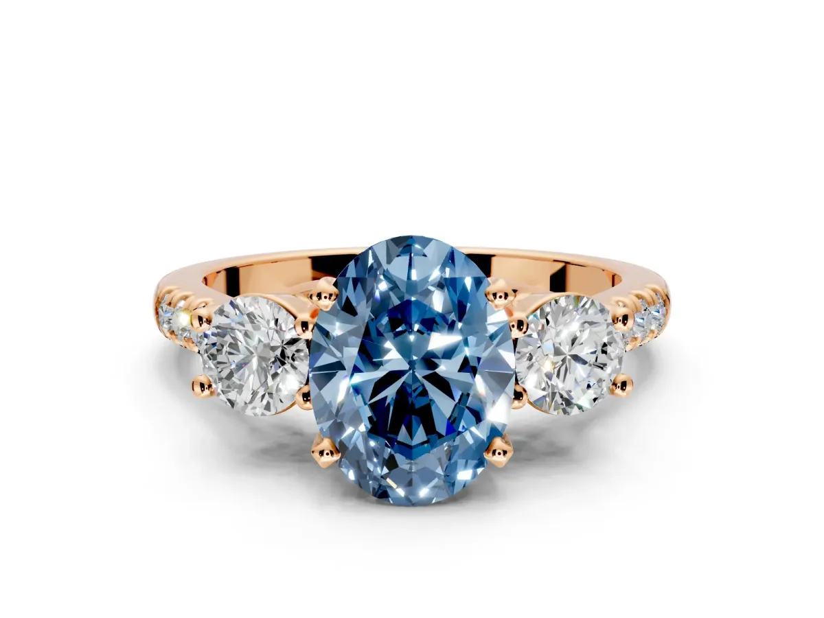 3 Stone Engagement Ring Setting for Fancy Blue Oval Center with Crossover Basket, Pave Band and Prong Head in Rose Gold