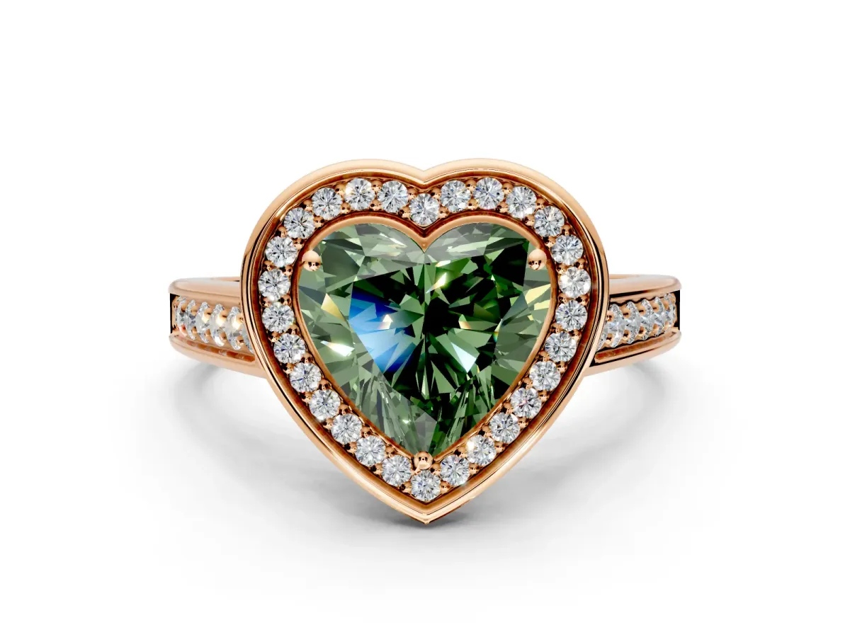 Halo Engagement Ring Setting for Fancy Green Heart-Shaped Center with Outer Bezel Rim, Pave Band and Prong Head in Rose Gold