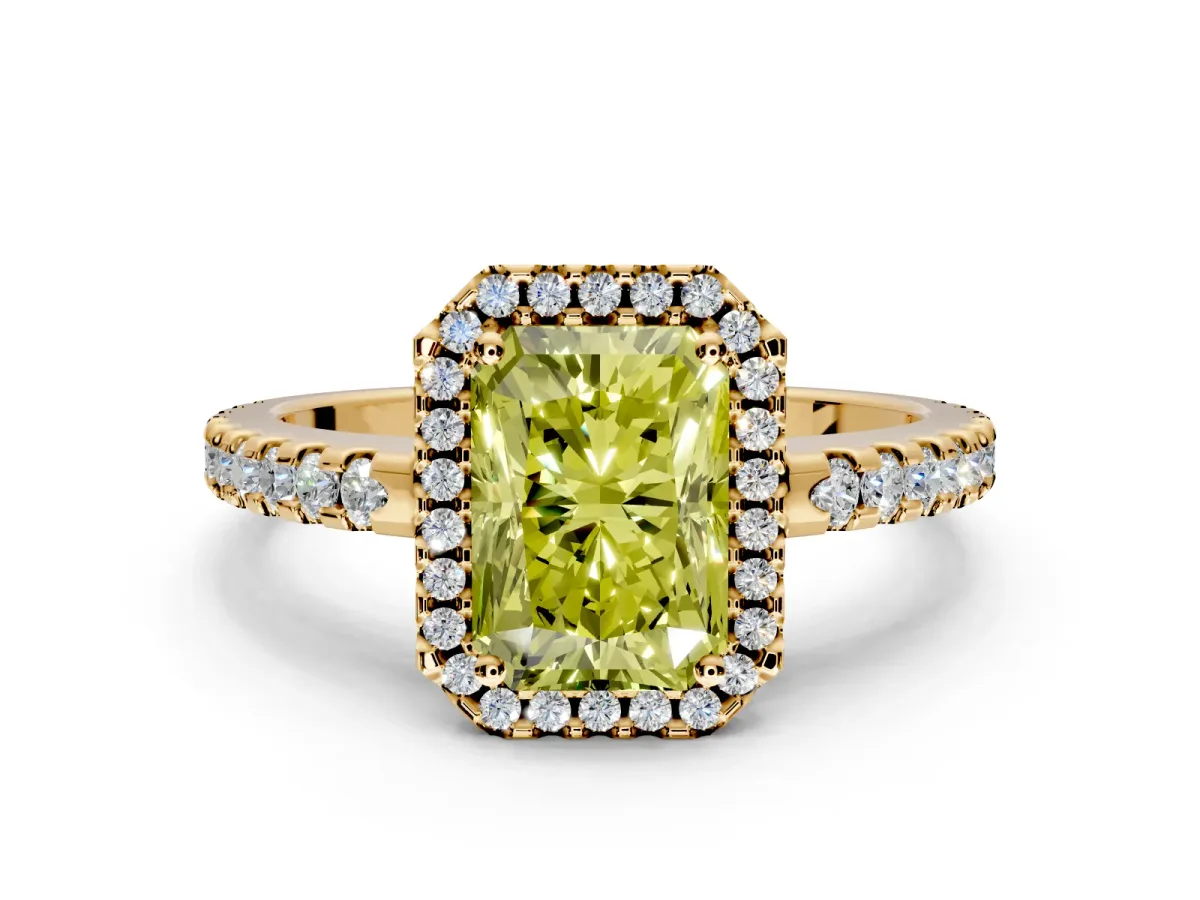 Accent Halo Engagement Ring Setting for Fancy Yellow Radiant Cut Center with Full-Length Pave Band and Prong Head in Yellow Gold