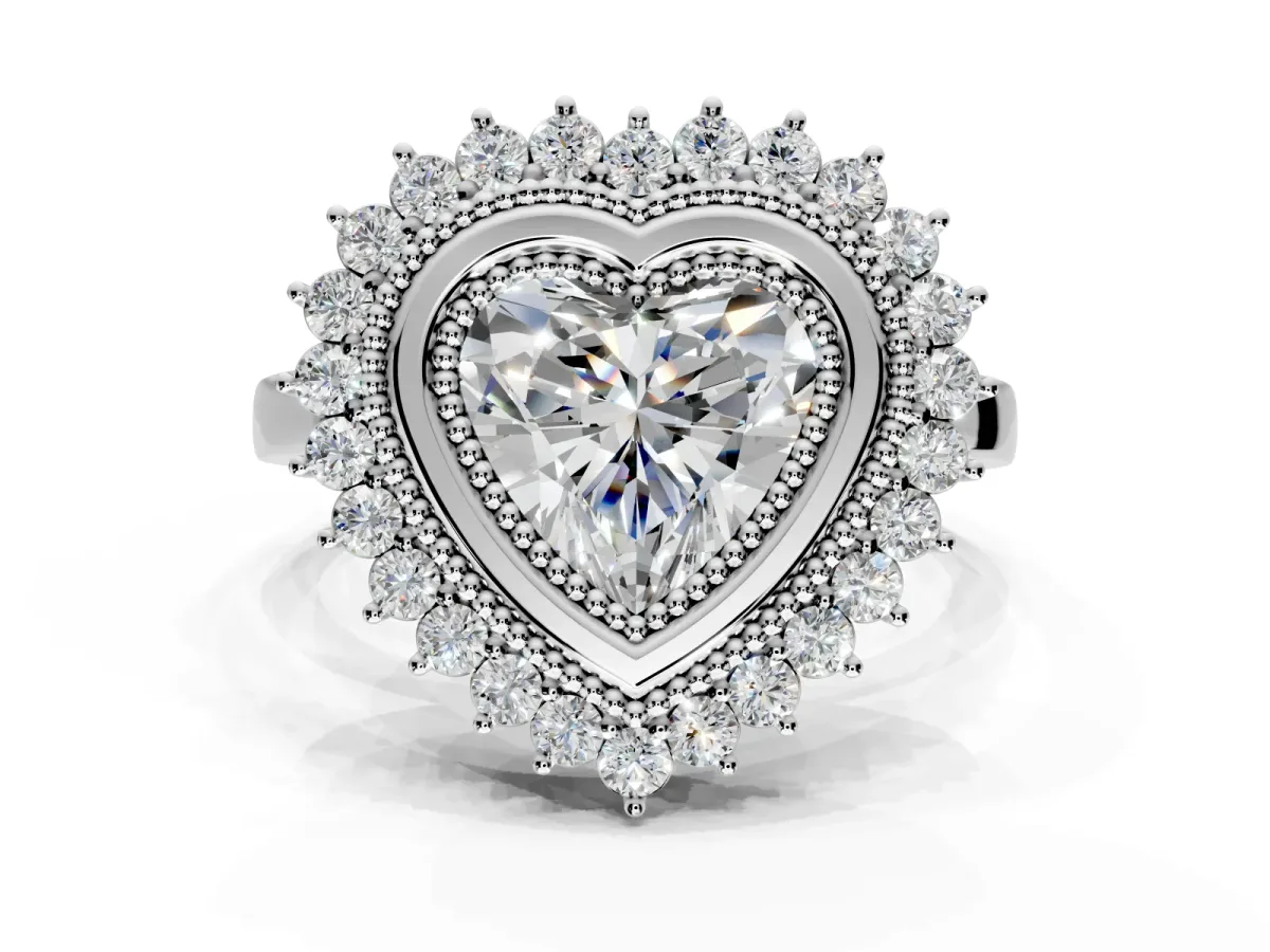 Halo Engagement Ring Setting for Heart-Shaped Center with Milgrain Bezel Rim, Plain Band and Prong Head in Sterling Silver