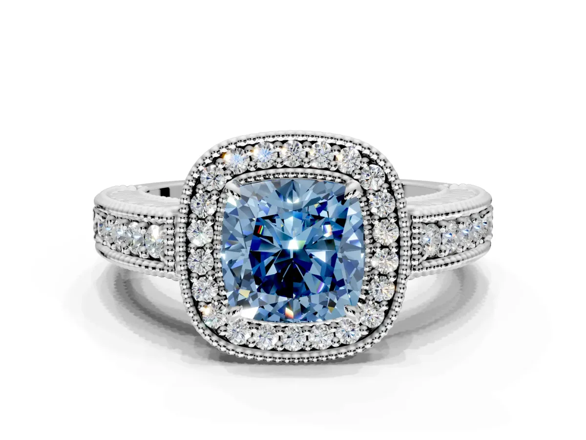 Milgrain Halo Engagement Ring Setting for Fancy Blue Cushion Cut Center with Pave Band and Prong Head in Platinum