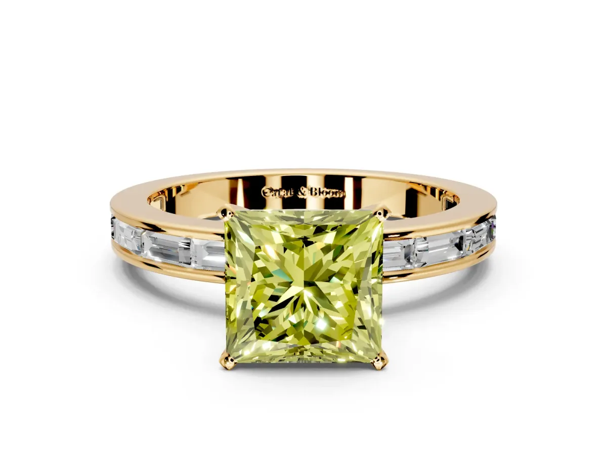 Solitaire Engagement Ring Setting for Fancy Yellow Princess Cut Center with Channel Baguette Band and Prong Head in Yellow Gold