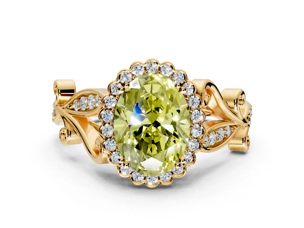 Halo Engagement Ring Setting for Fancy Yellow Oval Center with Leaf Motif Split Shank and Prong Head in Yellow Gold