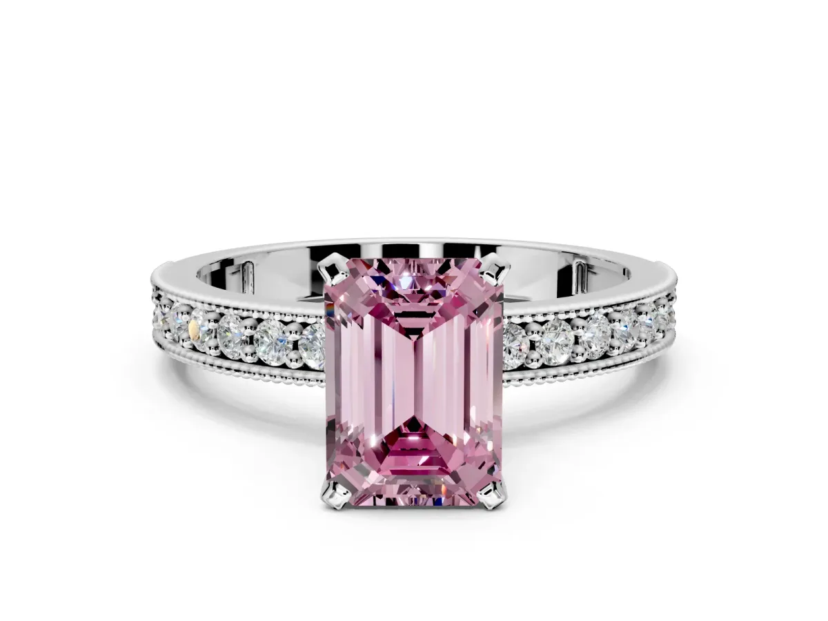 Milgrain Pave Engagement Ring Setting for Fancy Pink Emerald Cut Center with Accent Band and Prong Head in Sterling Silver