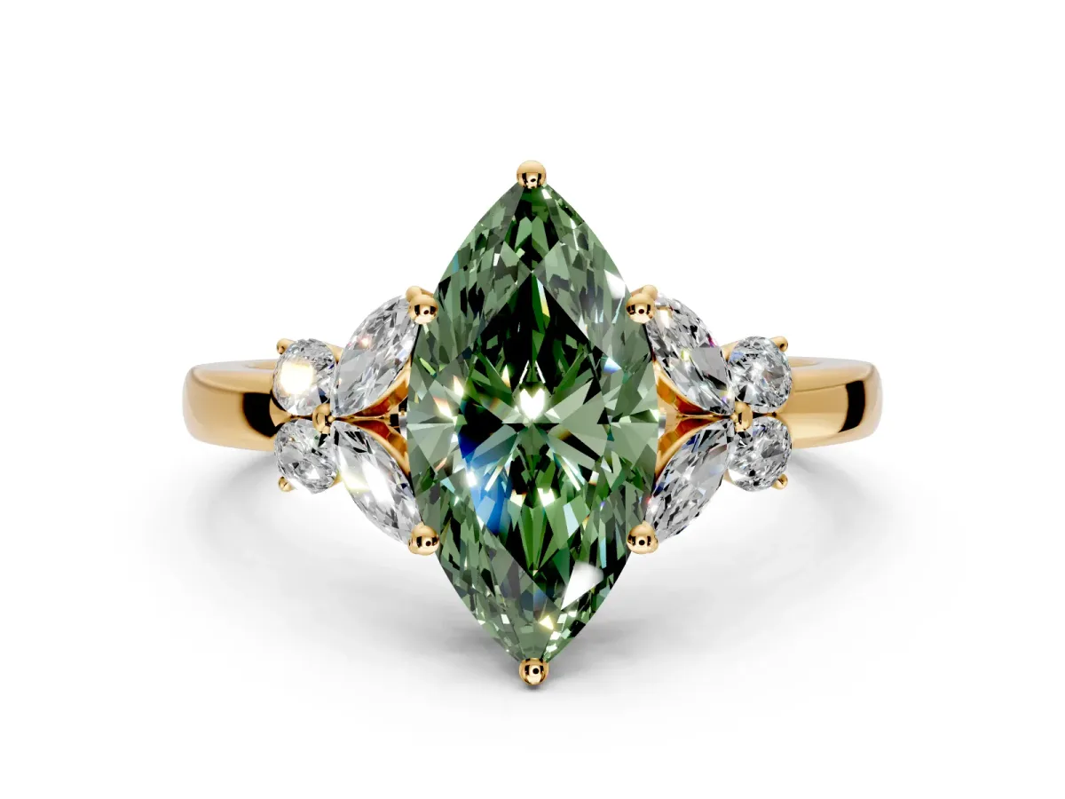 Solitaire Engagement Ring Setting for Fancy Green Marquise Center with Marquise Flower Shoulders and Prong Head in Yellow Gold
