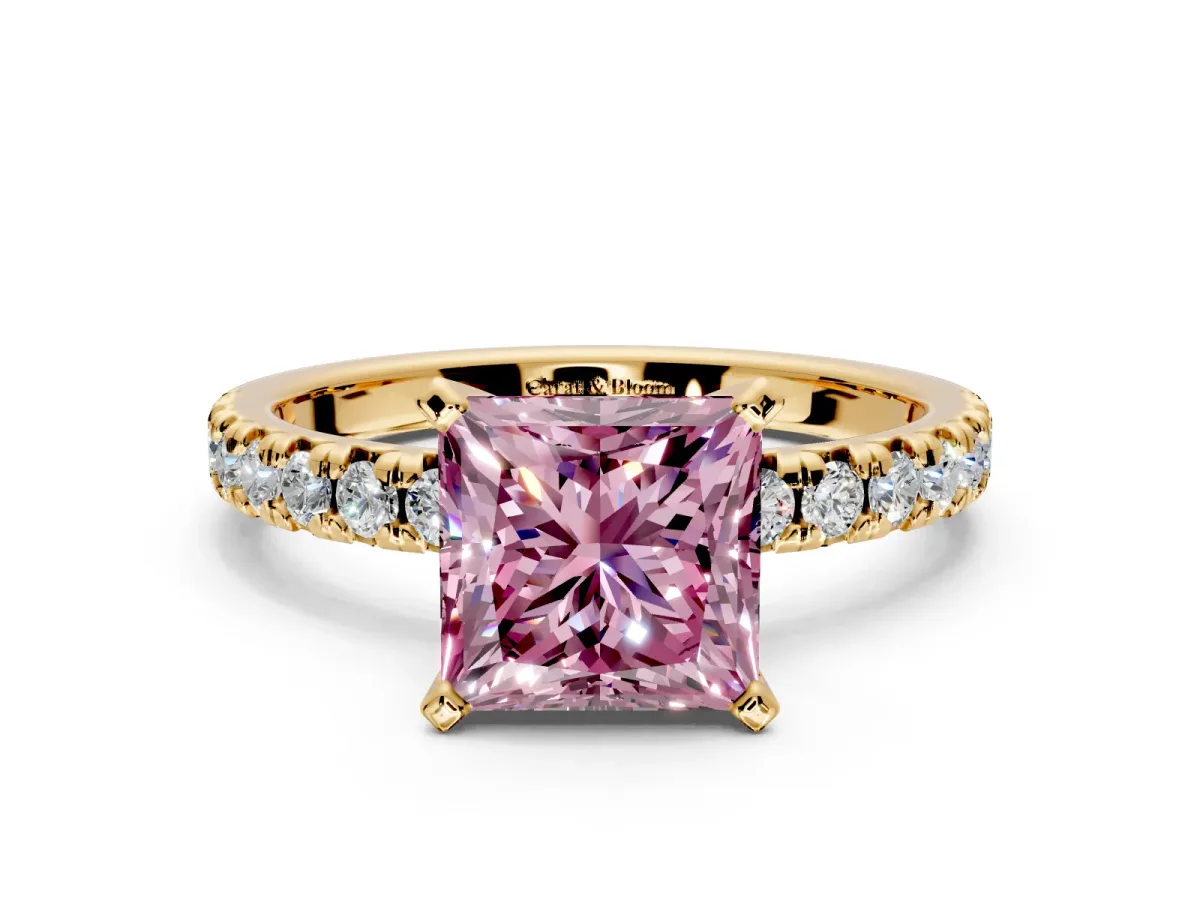 Solitaire Engagement Ring Setting for Fancy Pink Princess Cut Center with Large Accents and Prong Head in Yellow Gold