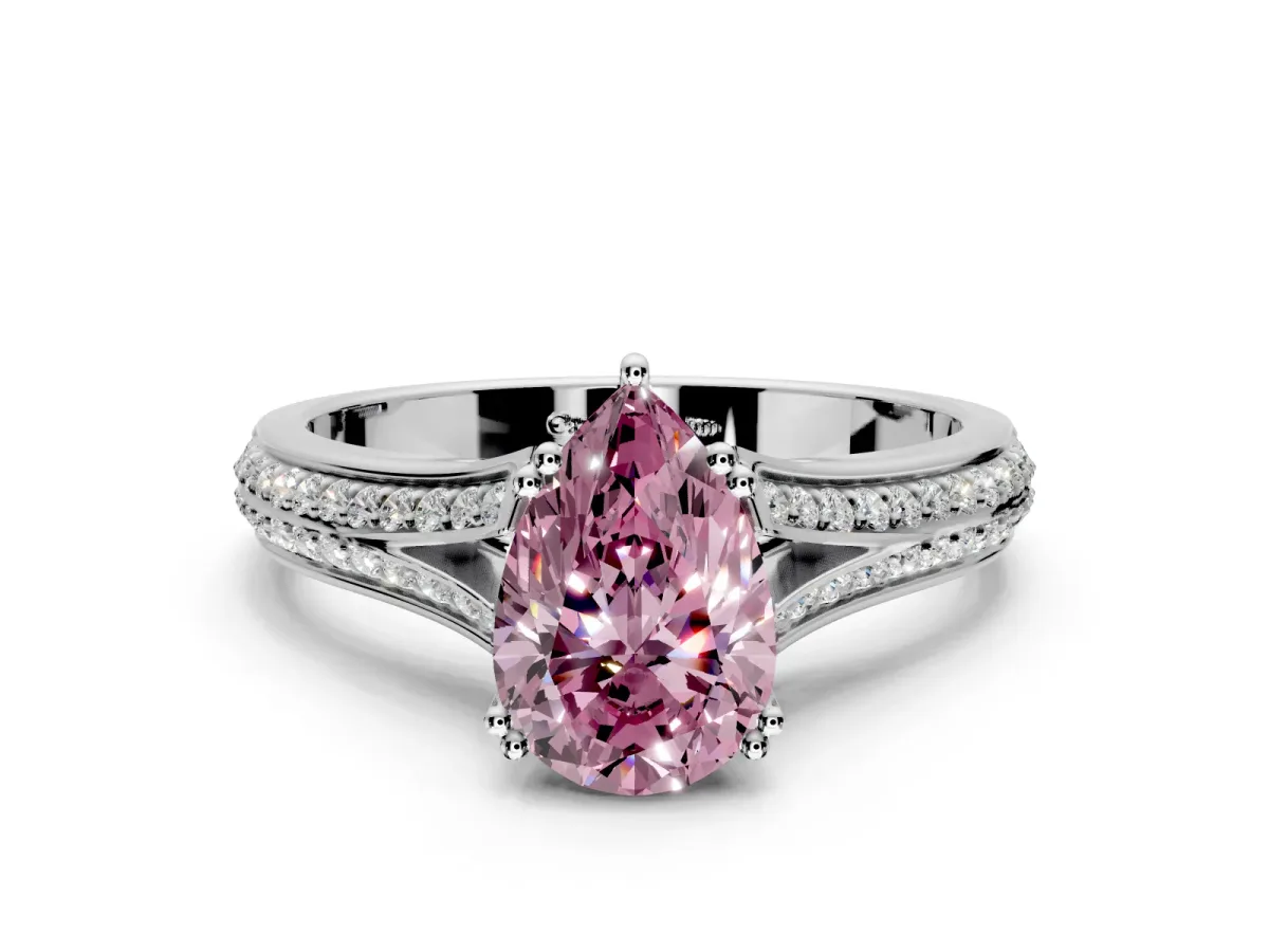 Solitaire Engagement Ring Setting for Fancy Pink Pear-Shaped Center with Pave Rail Split Shank and Prong Head in White Gold