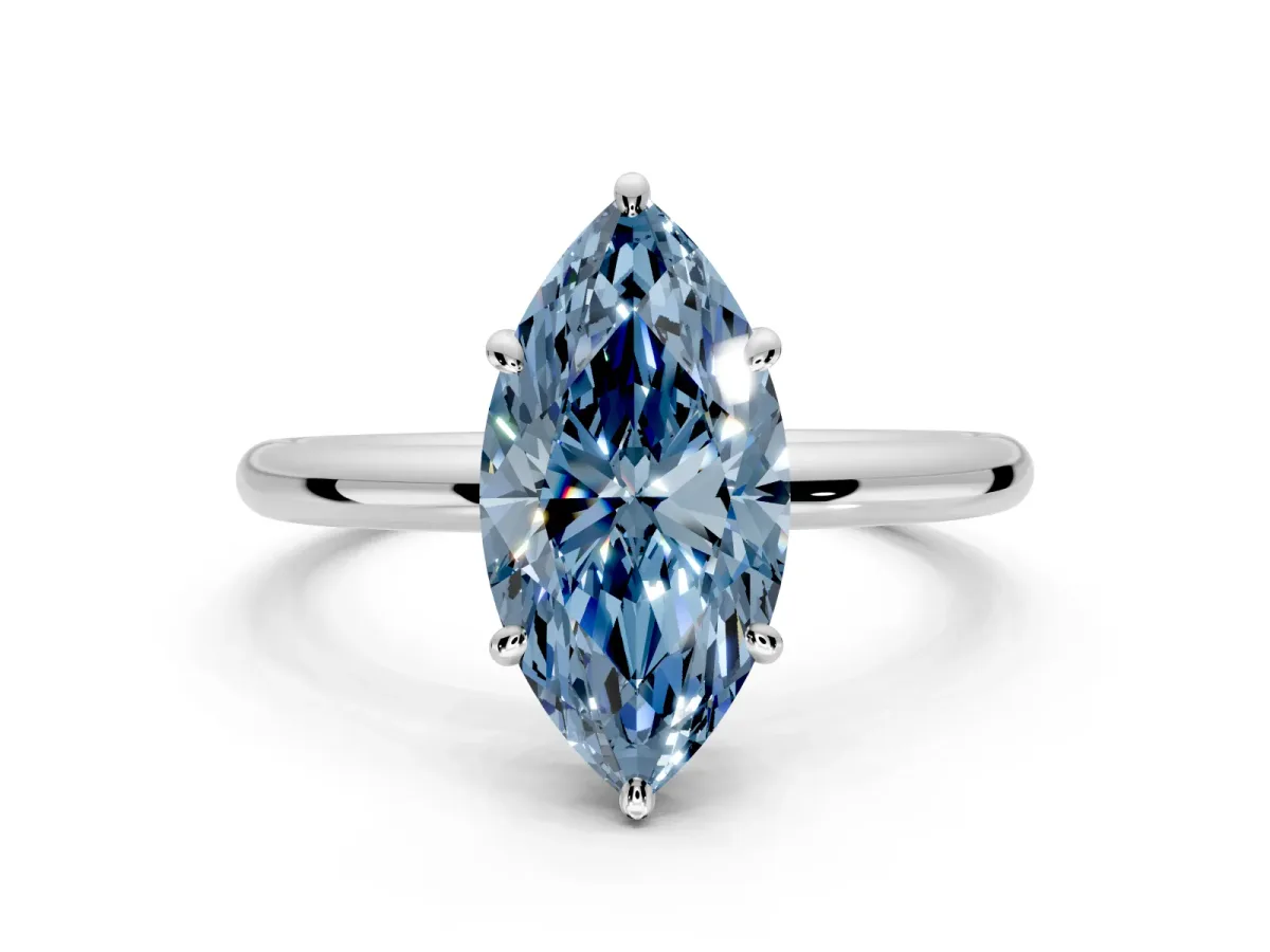 Low-Set Solitaire Engagement Ring Setting for Fancy Blue Marquise Center with Thin Plain Band and Prong Head in White Gold