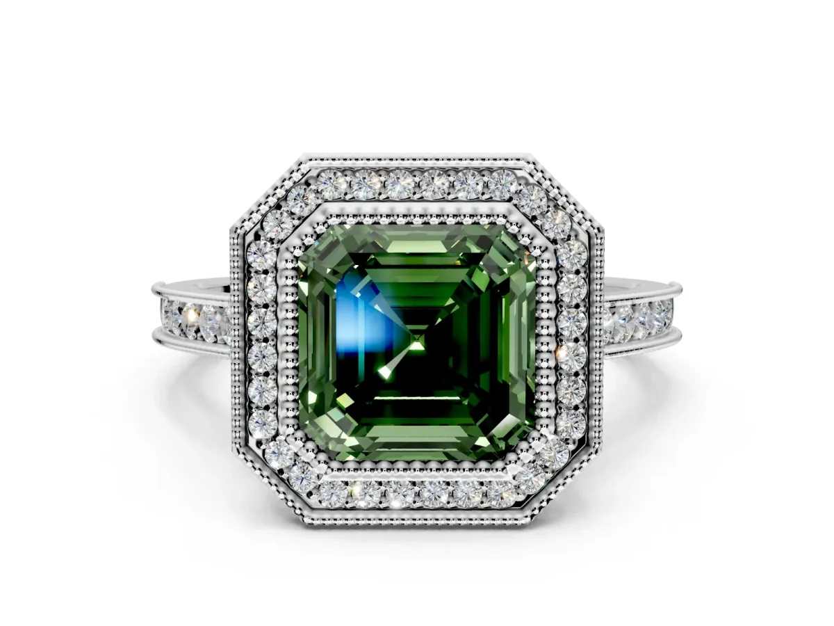 Halo Engagement Ring Setting for Fancy Green Asscher Cut Center with Milgrain Pave Band and Bezel Head in White Gold