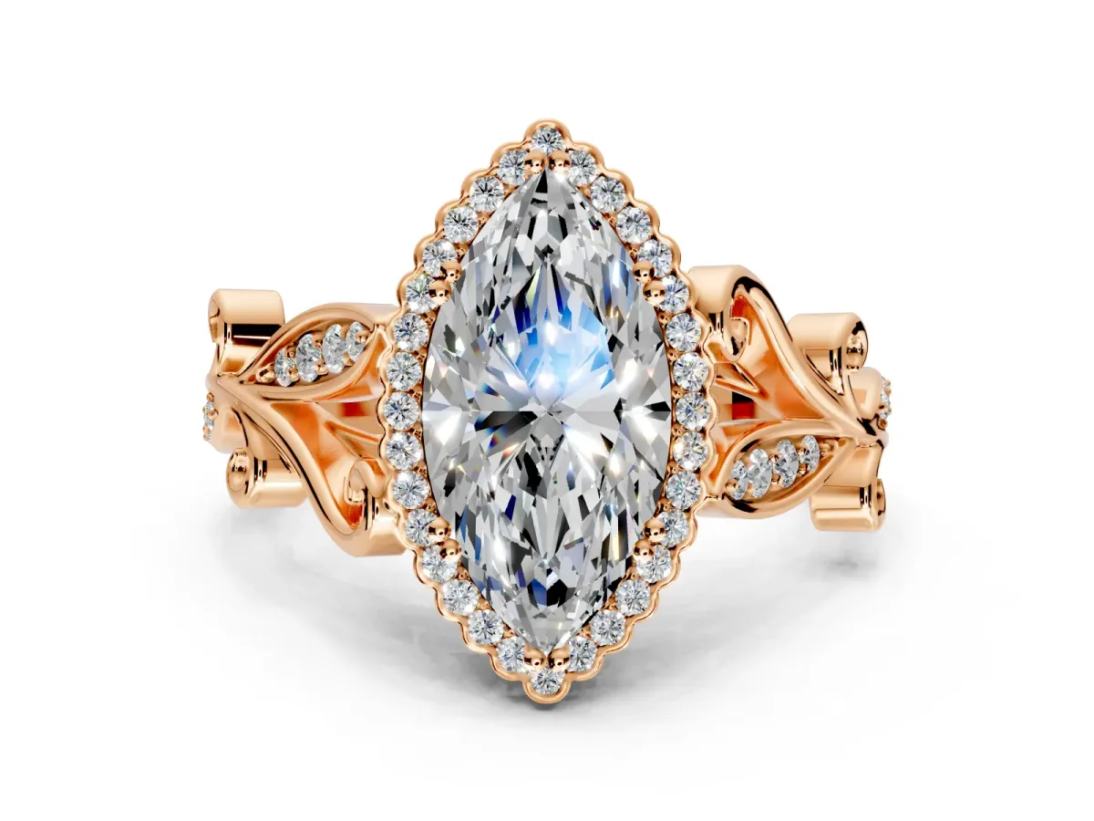 Halo Engagement Ring Setting for Marquise Center with Leaf Motif Split Shank and Prong Head in Rose Gold