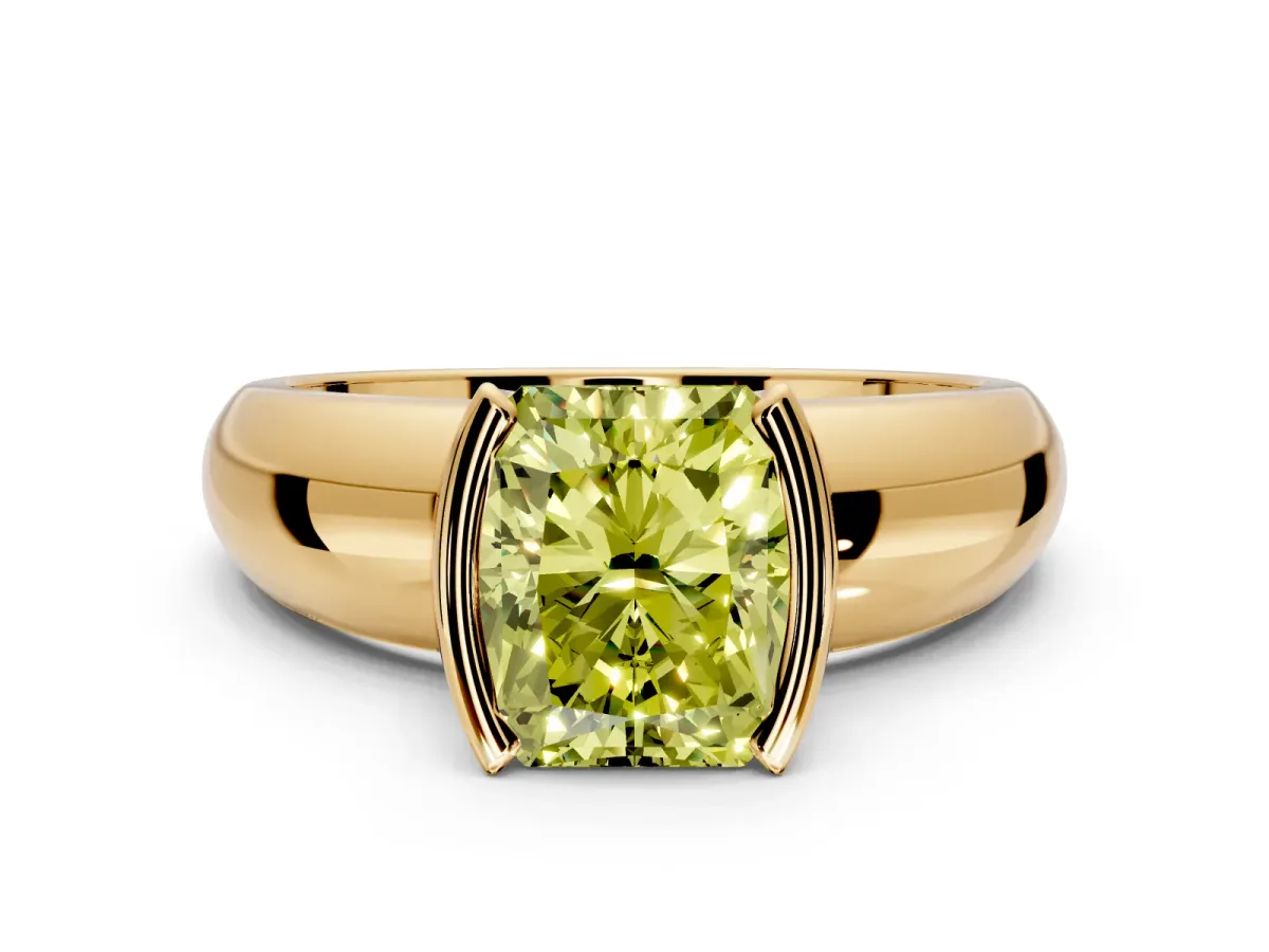 Tension Engagement Ring Setting for Fancy Yellow Radiant Cut Center with Wide Flat Band and Tension Head in Yellow Gold