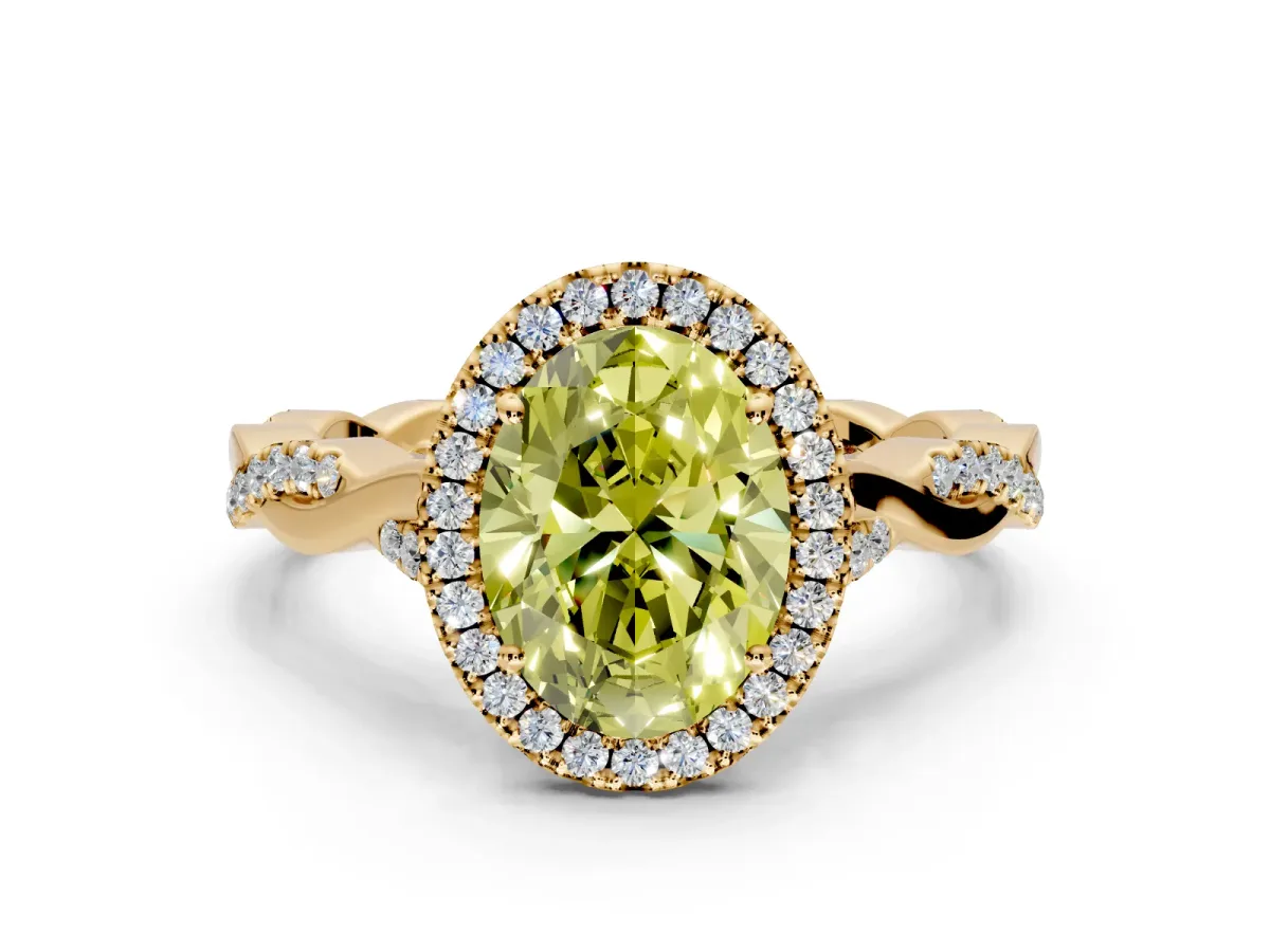 Halo Engagement Ring Setting for Fancy Yellow Oval Center with Twist Band and Prong Head in Yellow Gold