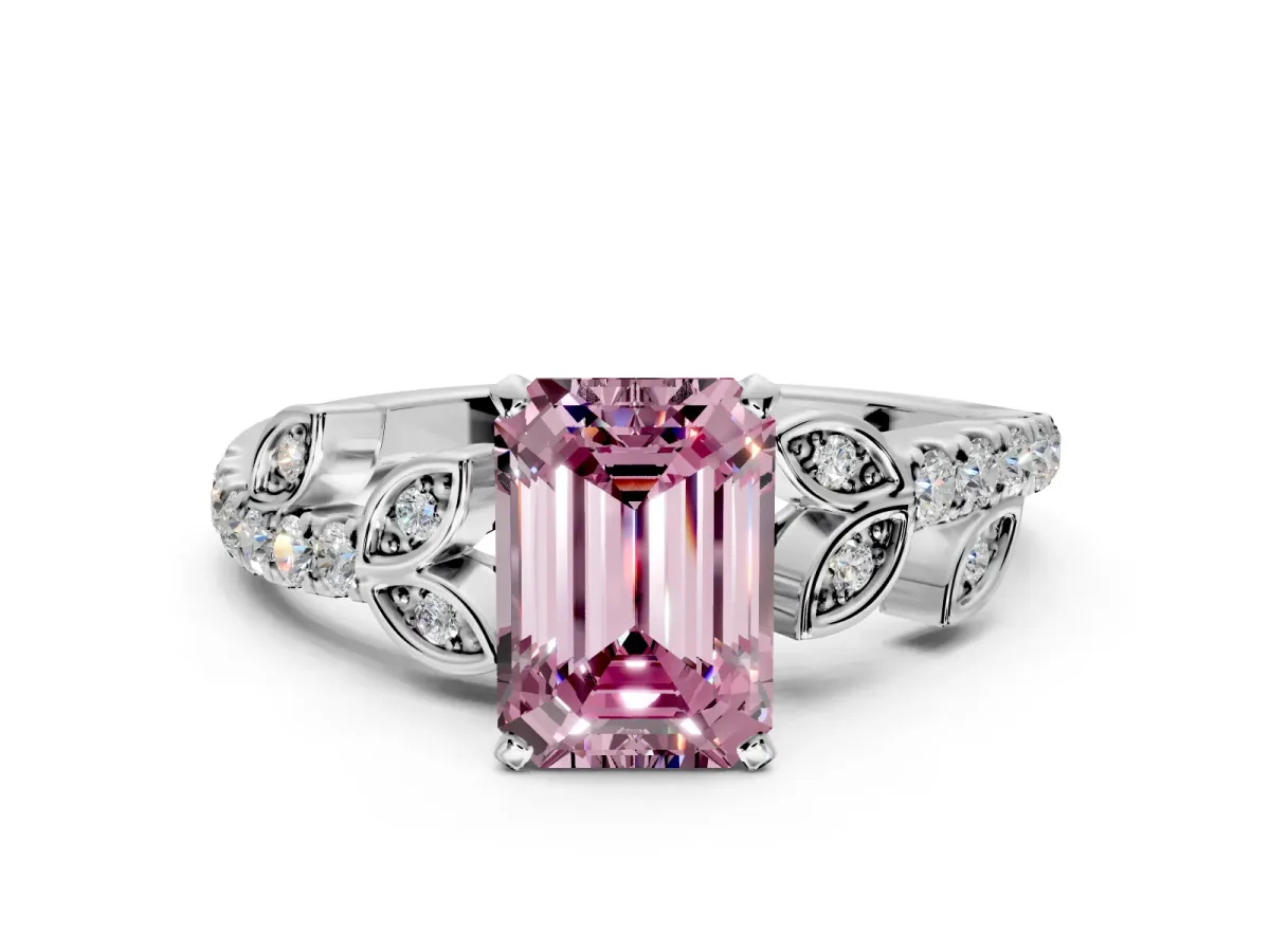 Leaf Motif Engagement Ring Setting for Fancy Pink Emerald Cut Center with Pave Band and Prong Head in Platinum