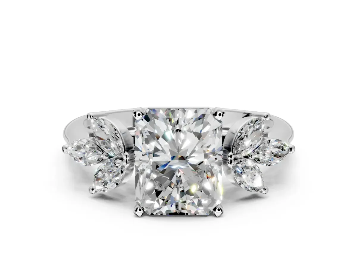 Floral Cluster Engagement Ring Setting for Radiant Cut Center with Marquise Accents and Prong Head in Platinum