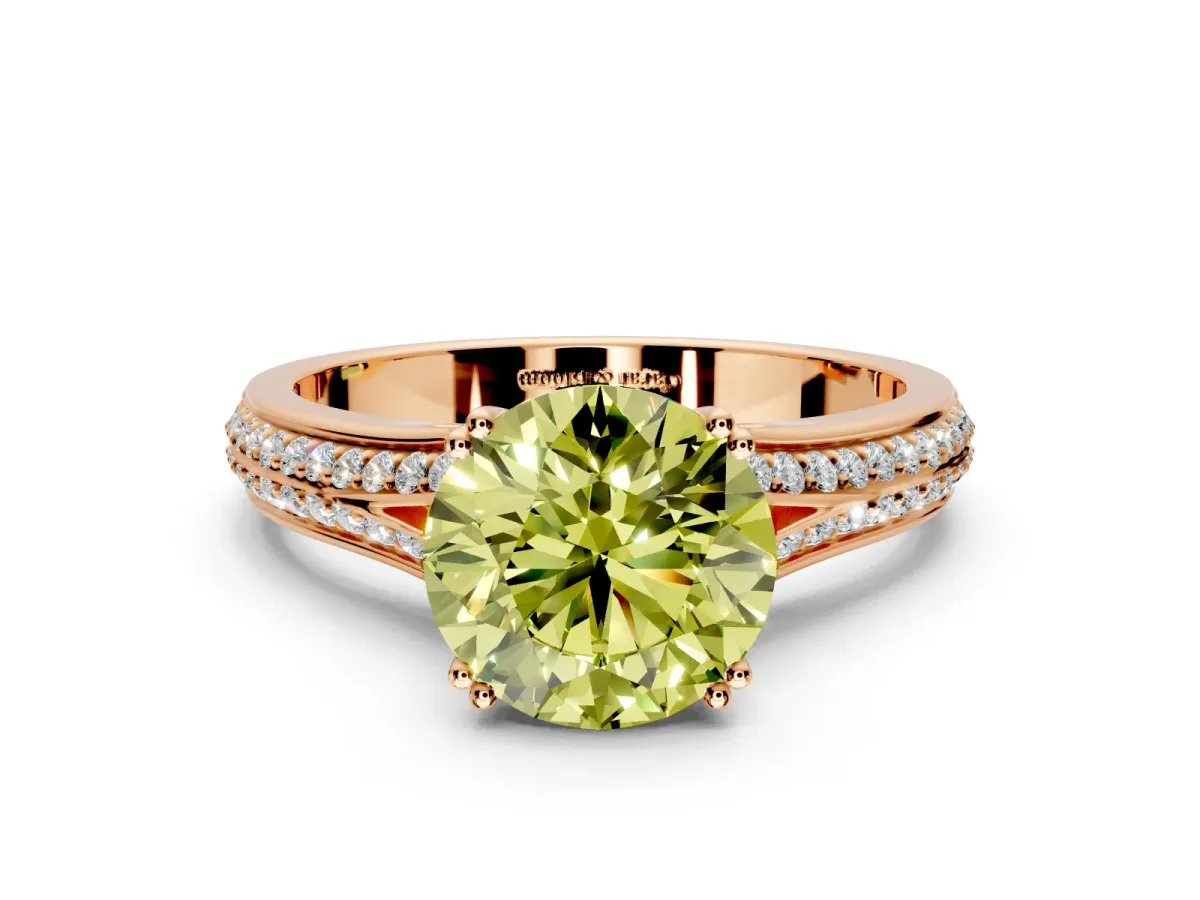 Solitaire Engagement Ring Setting for Fancy Yellow Round Cut Center with Pave Rail Split Shank and Prong Head in Rose Gold
