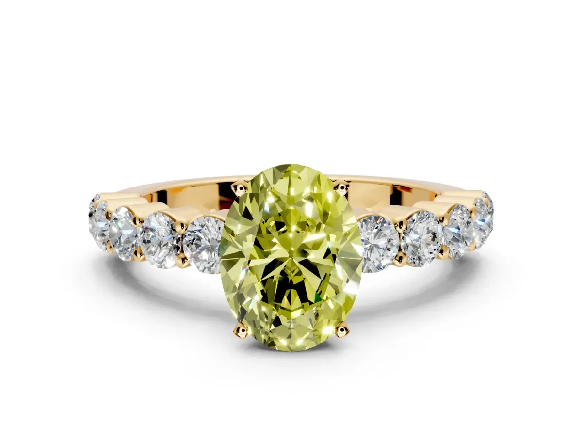 Shared-Prong Engagement Ring Setting for Fancy Yellow Oval Center with Graduated Accents and Prong Head in Yellow Gold