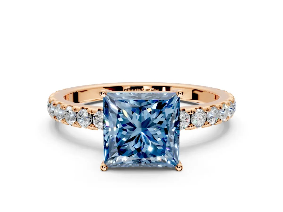 Solitaire Engagement Ring Setting for Fancy Blue Princess Cut Center with Large Accent Band and Prong Head in Rose Gold