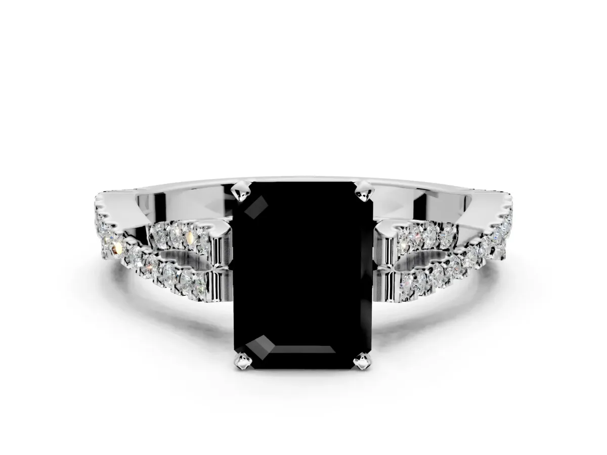 Solitaire Engagement Ring Setting for Fancy Black Emerald Cut Center with Twisted Pave Split Shank and Prong Head in White Gold