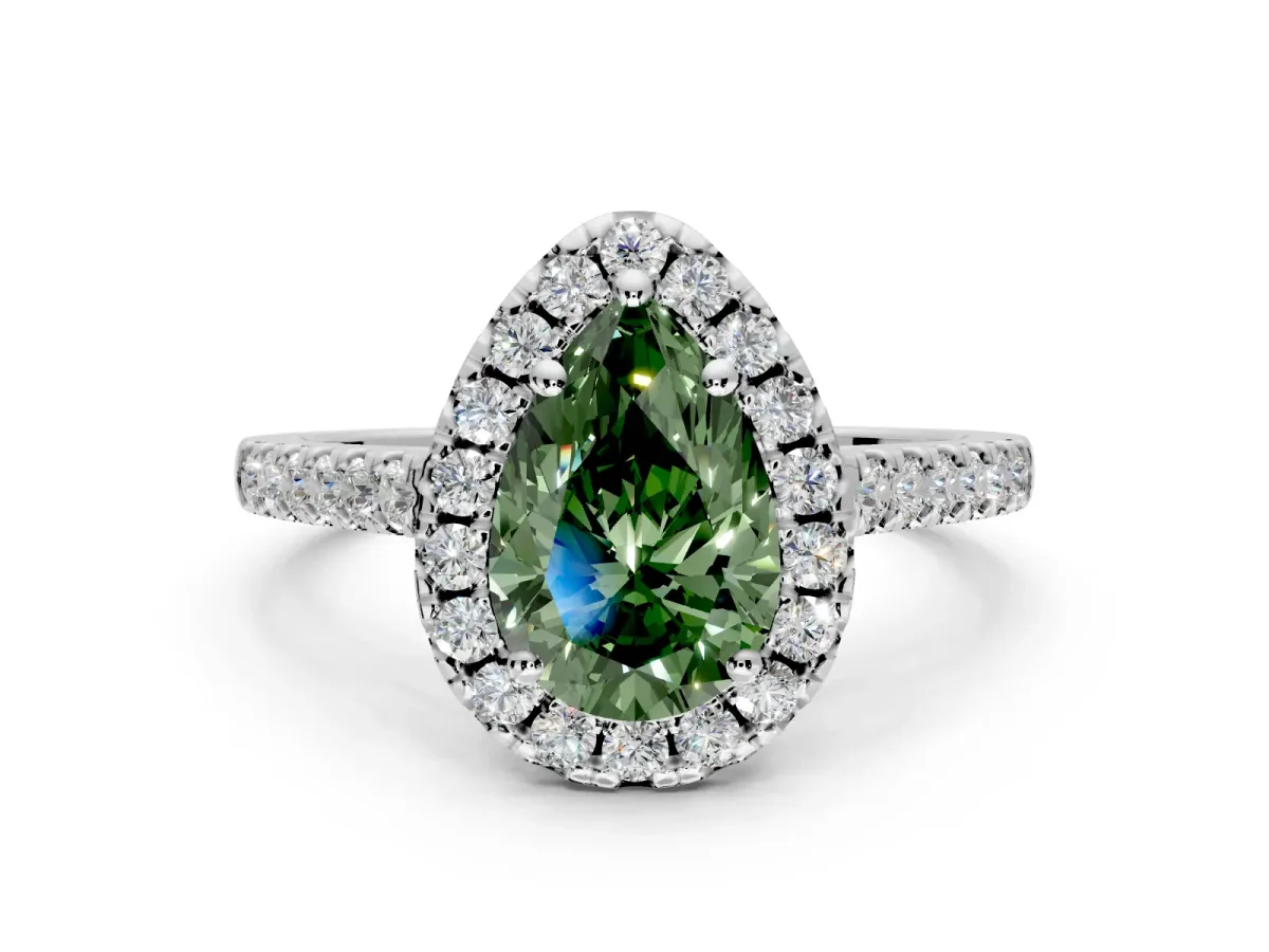 Halo Engagement Ring Setting for Fancy Green Pear-Shaped Center with Raised Halo, Pave Band and Prong Head in Platinum