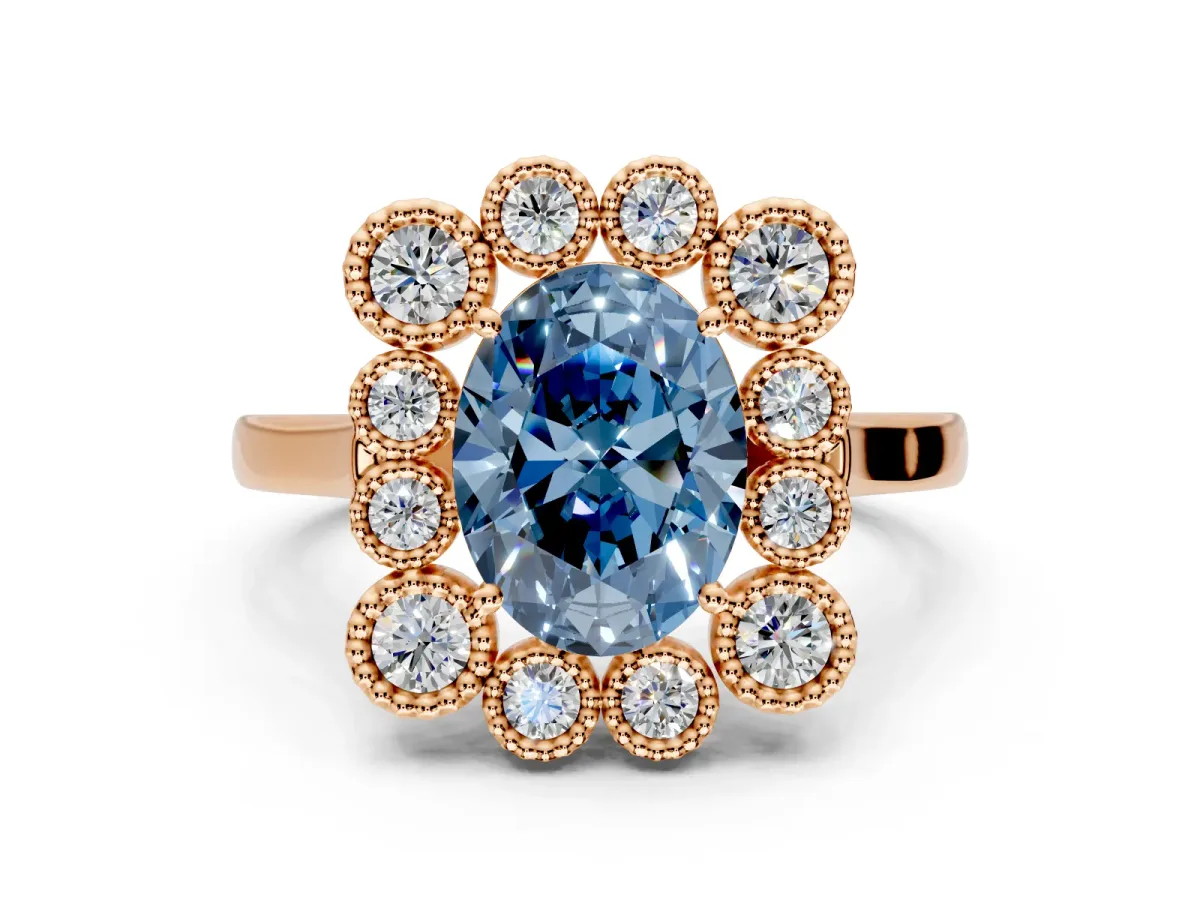 Cluster Halo Engagement Ring Setting for Fancy Blue Oval Center with Milgrain Bezel Accents and Prong Head in Rose Gold