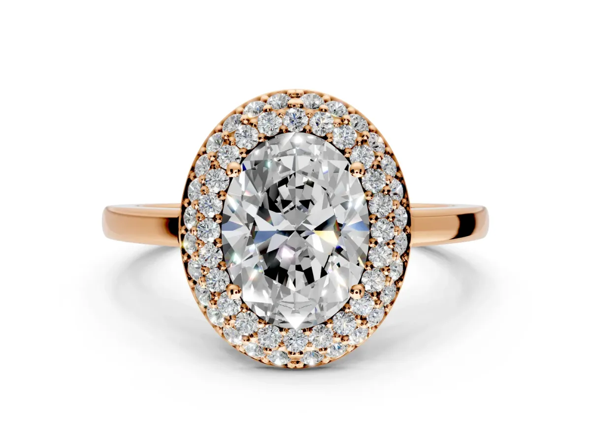 Halo Engagement Ring Setting for Oval Center with Plain Tapered Band and Prong Head in Rose Gold